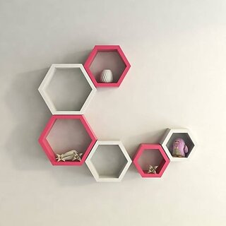                       Onlinecrafts Wooden Wall Self Wooden Wall Shelf (Number Of Shelves - 6, White, Pink)                                              