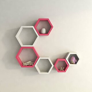                       Onlinecrafts Wooden Wall Self Wooden Wall Shelf (Number Of Shelves - 6, White, Pink)                                              