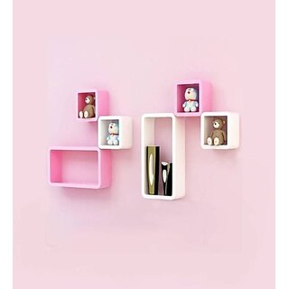                       Onlinecrafts Wooden Wall Shelf Wooden Wall Shelf (Number Of Shelves - 6, Pink, White)                                              