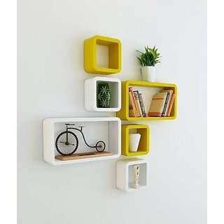                       Onlinecraft Wooden Wall Shelf Wooden Wall Shelf (Number Of Shelves - 6, Yellow, White)                                              