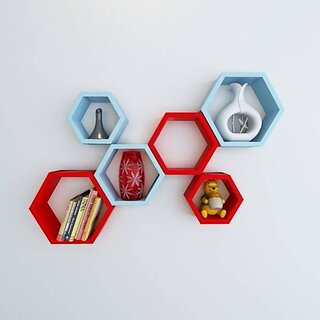                       Onlinecrafts Wooden Wall Self Wooden Wall Shelf (Number Of Shelves - 6, Red, Blue)                                              