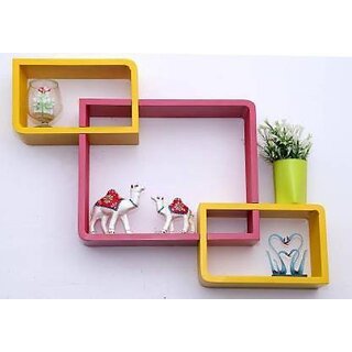                       Onlinecraft Wooden Wall Shelf (Number Of Shelves - 3, Pink, Yellow)                                              