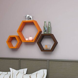                       Onlinecraft Wooden Wall Shelf Wooden Wall Shelf (Number Of Shelves - 3, Orange, Brown, Multicolor)                                              
