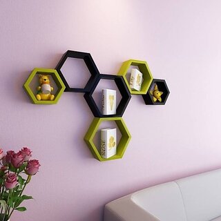                      Onlinecraft Wooden Wall Shelf Wooden Wall Shelf (Number Of Shelves - 6, Black, Green, Multicolor)                                              