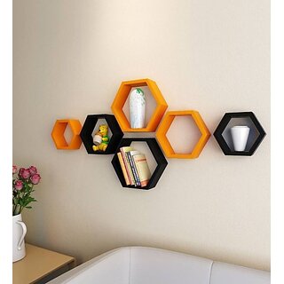                       Onlinecraft Wooden Wall Rack Wooden Wall Shelf (Number Of Shelves - 6, Orange, Black, Multicolor)                                              