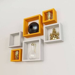                       Onlinecraft Wooden Wall Decor Wooden Wall Shelf (Number Of Shelves - 6, White, Orange)                                              