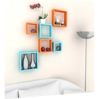                       Onlinecraft Room Wall Decor Wooden Wall Shelf (Number Of Shelves - 6, Blue, Orange, Multicolor)                                              