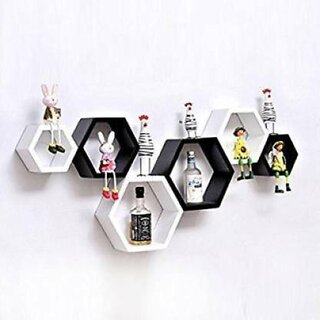                       Onlinecraft A19 Wooden Wall Shelf (Number Of Shelves - 6, Black, White, Multicolor)                                              
