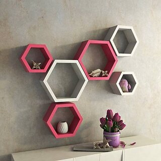                       Onlinecrafts Wooden Wall Shelf (Number Of Shelves - 6, White, Pink)                                              