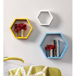                       Onlinecraft Wooden Wall Shelf Wooden Wall Shelf (Number Of Shelves - 3, White, Yellow, Blue)                                              