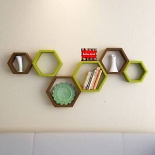 Onlinecraft Wooden Hexon Shelf Green Brown Wooden Wall Shelf (Number Of Shelves - 6, Brown, Green) Onlinecraft Wooden Hexon Shelf Green Brown Wooden Wall Shelf (Number Of Shelves - 6, Brown, Green)