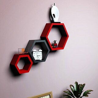                       Onlinecraft Wooden Book Rack Shelf Wooden Wall Shelf (Number Of Shelves - 3, Red, Black, Multicolor)                                              