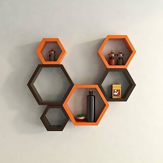                       Onlinecrafts Wooden Wall Shelf Wooden Wall Shelf (Number Of Shelves - 6, Orange, Brown)                                              
