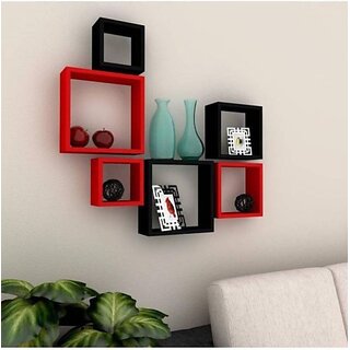                       Onlinecraft Wooden Wall Shelf (Number Of Shelves - 6, Red, Black, Multicolor)                                              