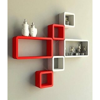                       Onlinecrafts Wooden Wall Shelf Wooden Wall Shelf (Number Of Shelves - 6, Red, White)                                              