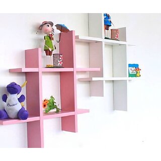                       Onlinecraft Wooden Mota Plus ( White,Pink) Wooden Wall Shelf (Number Of Shelves - 12, White, Pink, Multicolor)                                              