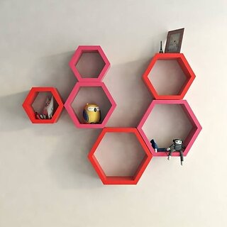                       Onlinecrafts Wooden Wall Shelf Wooden Wall Shelf (Number Of Shelves - 6, Pink, Red)                                              