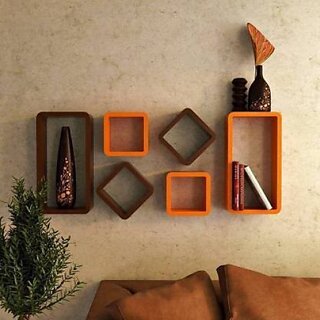                       Onlinecraft Wooden 6 Ka Set (Orange+Brown) Wooden Wall Shelf (Number Of Shelves - 6, Orange, Brown, Multicolor)                                              