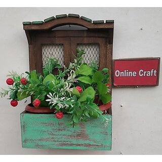                       Onlinecraft H2972 Flower Decor Shelf Brown Wooden Wall Shelf (Number Of Shelves - 1, Brown, Green)                                              