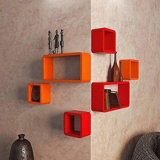                       Onlinecrafts Wooden Wall Shelf Wooden Wall Shelf (Number Of Shelves - 6, Red, Orange)                                              