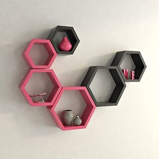                       Onlinecraft Wooden Wall Shelf Wooden Wall Shelf (Number Of Shelves - 6, Pink, Black, Multicolor)                                              