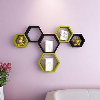                       Onlinecrafts Wooden Wall Shelf Wooden Wall Shelf (Number Of Shelves - 6, Green, Black)                                              