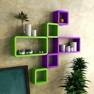                       Onlinecraft Wooden Wall Shelf Wooden Wall Shelf (Number Of Shelves - 6, Purple, Green)                                              