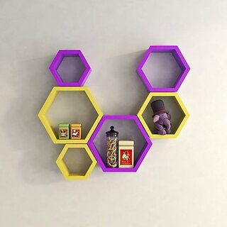                       Onlinecrafts Wooden Wall Shelf Wooden Wall Shelf (Number Of Shelves - 6, Yellow, Purple)                                              