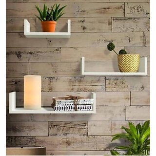                       Onlinecrafts Ch1910 Wooden Wall Shelf 3 (U Wali White) Wooden Wall Shelf (Number Of Shelves - 3, White)                                              