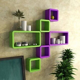                       Onlinecraft Room Wall Decor Wooden Wall Shelf (Number Of Shelves - 6, Green, Purple, Multicolor)                                              
