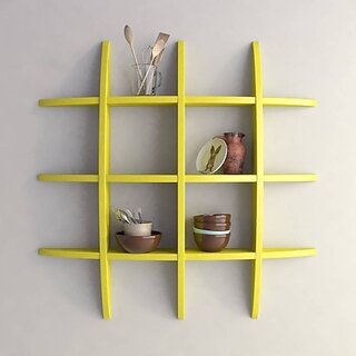                       Onlinecrafts Wooden T Rack Shelf Yellow Wooden Wall Shelf (Number Of Shelves - 12, Yellow)                                              