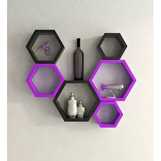                       Onlinecraft Wooden Rack Shelf Wooden Wall Shelf (Number Of Shelves - 6, Purple, Black)                                              