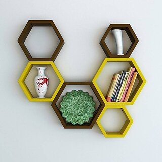                       Onlinecraft Wooden Rack Self Wooden Wall Shelf (Number Of Shelves - 6, Yellow, Brown, Multicolor)                                              