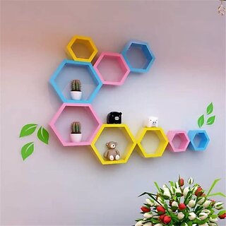                       Onlinecrafts Wooden Wall Shelf Wooden Wall Shelf (Number Of Shelves - 9, Blue, Yellow, Pink)                                              