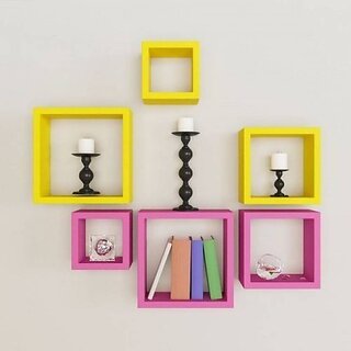                       Onlinecraft Wooden Wall Rack Shelf Wooden Wall Shelf (Number Of Shelves - 6, Pink, Yellow, Multicolor)                                              