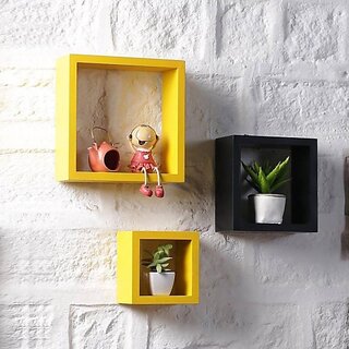                       Onlinecraft Wooden Wall Decor Wooden Wall Shelf (Number Of Shelves - 3, Black, Yellow, Multicolor)                                              