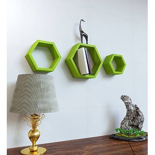                       Onlinecraft Book Rook Shelf Wooden Wall Shelf (Number Of Shelves - 3, Green)                                              