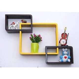                       Onlinecraft Ch2751 Wooden Wall Shelf 3Attech ( Black , Yellow) Wooden Wall Shelf (Number Of Shelves - 3, Black, Yellow)                                              