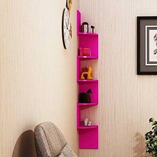                       Onlinecraft Ch2883 Wooden Zigzag 11 Shelf Pink Wooden Wall Shelf (Number Of Shelves - 4, Pink)                                              