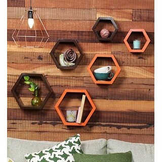 Onlinecraft Ch583Wooden Wall Rack Shelf 6 Hexon ( Brown,Orange) Wooden Wall Shelf (Number Of Shelves - 6, Brown, Orange, Multicolor) Onlinecraft Ch583Wooden Wall Rack Shelf 6 Hexon ( Brown,Orange) Wooden Wall Shelf (Number Of Shelves - 6, Brown, Orange, Multicolor)