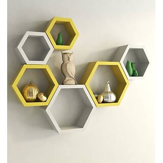                       Onlinecraft Wooden Rack Shelf Wooden Wall Shelf (Number Of Shelves - 6, Yellow, White, Multicolor)                                              