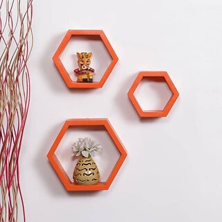                       Onlinecracts Room Wall Decor Wooden Wall Shelf (Number Of Shelves - 3, Orange)                                              