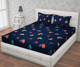 Quirky Home Premium Glace Cotton Elastic Fitted Full Bedsheet | Queen Size Wrinkelefree Bedsheet | Blue Heart