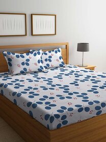Quirky Home Premium Glace Cotton Elastic Fitted Full Bedsheet | Queen Size Wrinkelefree Bedsheet | Cherry Blue