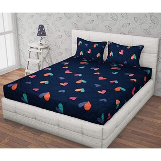 Quirky Home Premium Glace Cotton Elastic Fitted Full Bedsheet | Queen Size Wrinkelefree Bedsheet | Blue Heart