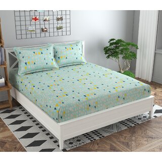 Quirky Home Premium Glace Cotton Elastic Fitted Full Bedsheet | Queen Size Wrinkelefree Bedsheet | Green Madangles