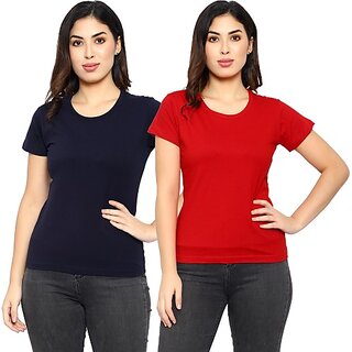                       Eha Solid Women Round Neck Red, Blue T-Shirt                                              
