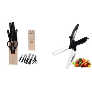                       Style Maniac 7-Piece Pcs Best Kitchen Knife Set with Wooden Block Stand & Fruit Or Vegetable Clever Cutter                                              