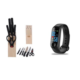                       Style Maniac 7-Piece Pcs Best Kitchen Knife Set with Wooden Block Stand & Fitness Tracker Smart Band                                              