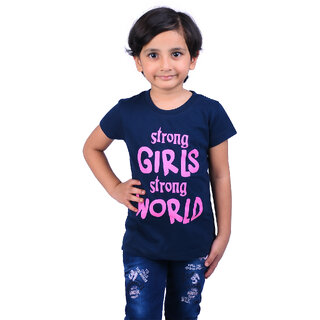                       Kid Kupboard Cotton Girls T-Shirt, Blue, Half-Sleeves, V-Neck, 6-7 Years KIDS5696                                              